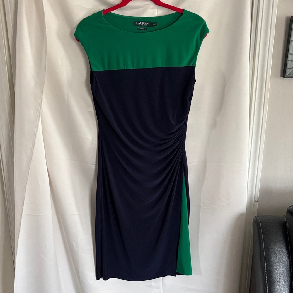 Lauren Ralph Lauren Navy and Green Midi Dress SZ 8 Career Wear